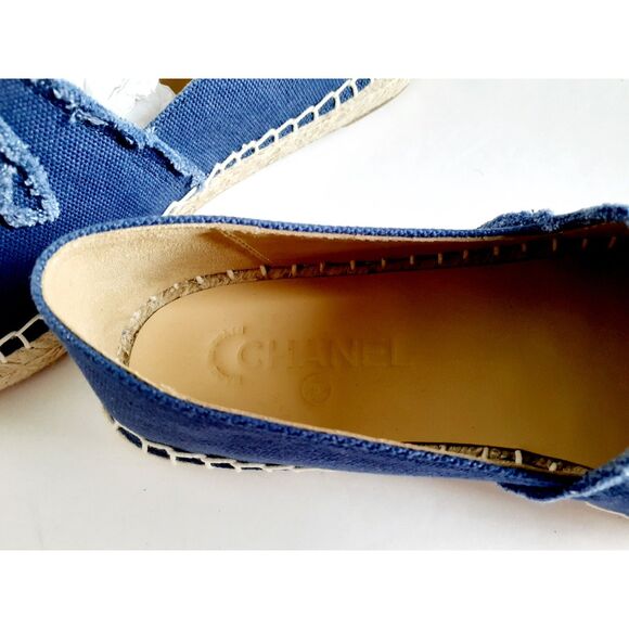 Chanel Blue Black Cap Toe Linen Canvas CC Espadrilles NIB EU38 US7.5Authentic - Picture 6 of 14